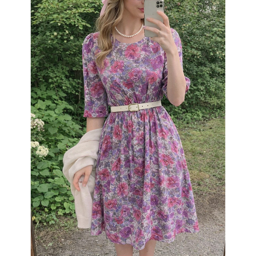 Vintage Tabby of California Floral Midi Dress Purple Pink Fitted Waist USA XS S